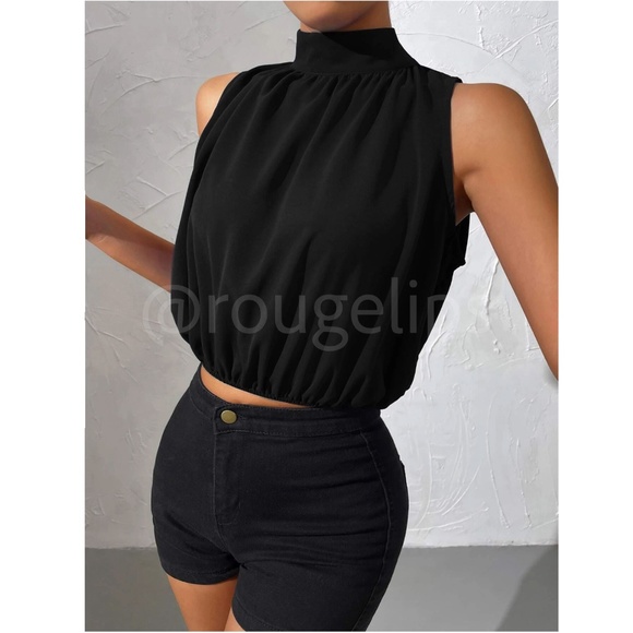 Black Crop Tulip Top High Neck Ties - Picture 4 of 9